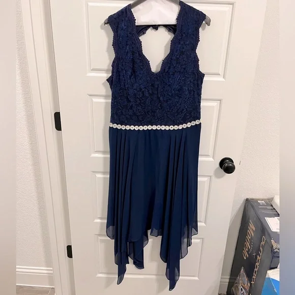 Plus Size Navy Blue Handkerchief / Asymmetrical Dress w Rhinestones Belted Front - Picture 1 of 6